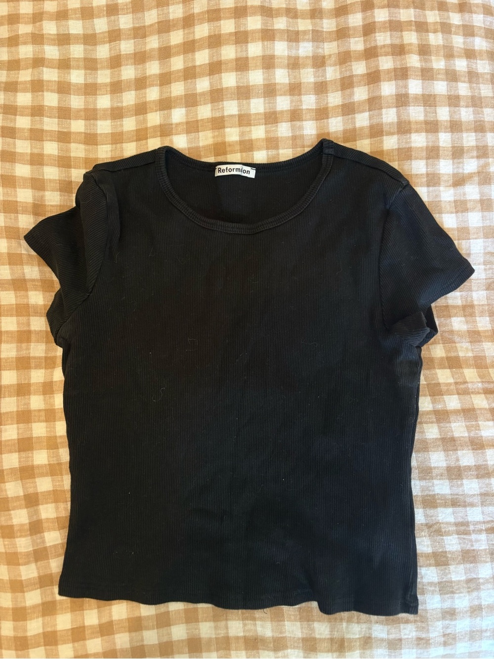 Reformation Black cropped Ribbed Short Sleeve Tee